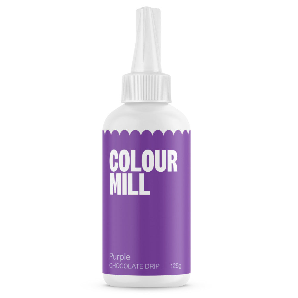 Colour Mill Purple Cake Drip in a 125 g white squeeze bottle with a pointed nozzle and vivid purple label on a white background.