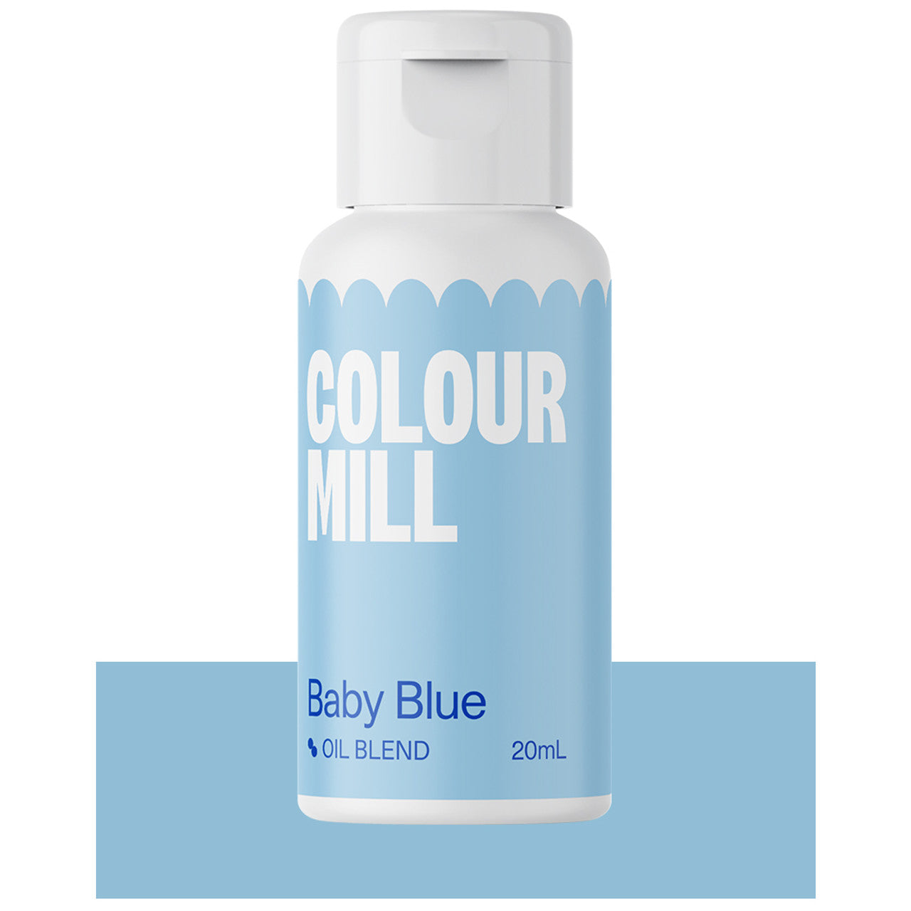 Bottle of Colour Mill Baby Blue Oil Blend food coloring with a bright pastel blue label and white cap, 20mL size