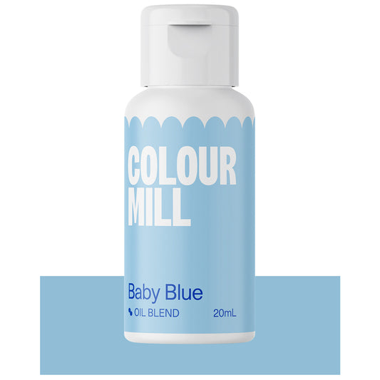 Bottle of Colour Mill Baby Blue Oil Blend food coloring with a bright pastel blue label and white cap, 20mL size