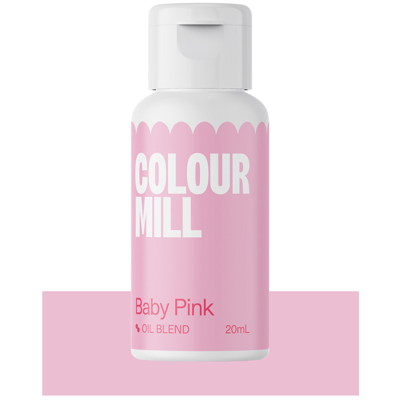 Bottle of Colour Mill Baby Pink Oil Blend food coloring with light pink label and white cap, 20mL size