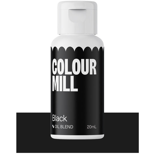 Bottle of Colour Mill Black Oil Blend food coloring with bold black label and white cap, 20mL size