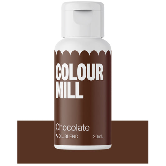 Bottle of Colour Mill Chocolate Oil Blend food coloring with deep brown label and white cap, 20mL size