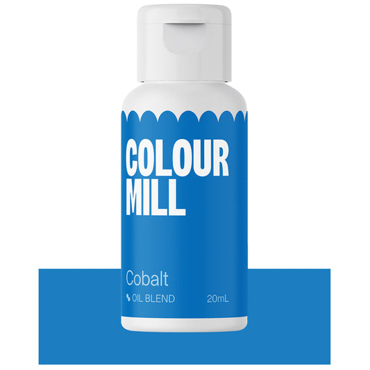 Bottle of Colour Mill Cobalt Oil Blend food coloring with bright blue label and white cap, 20mL size