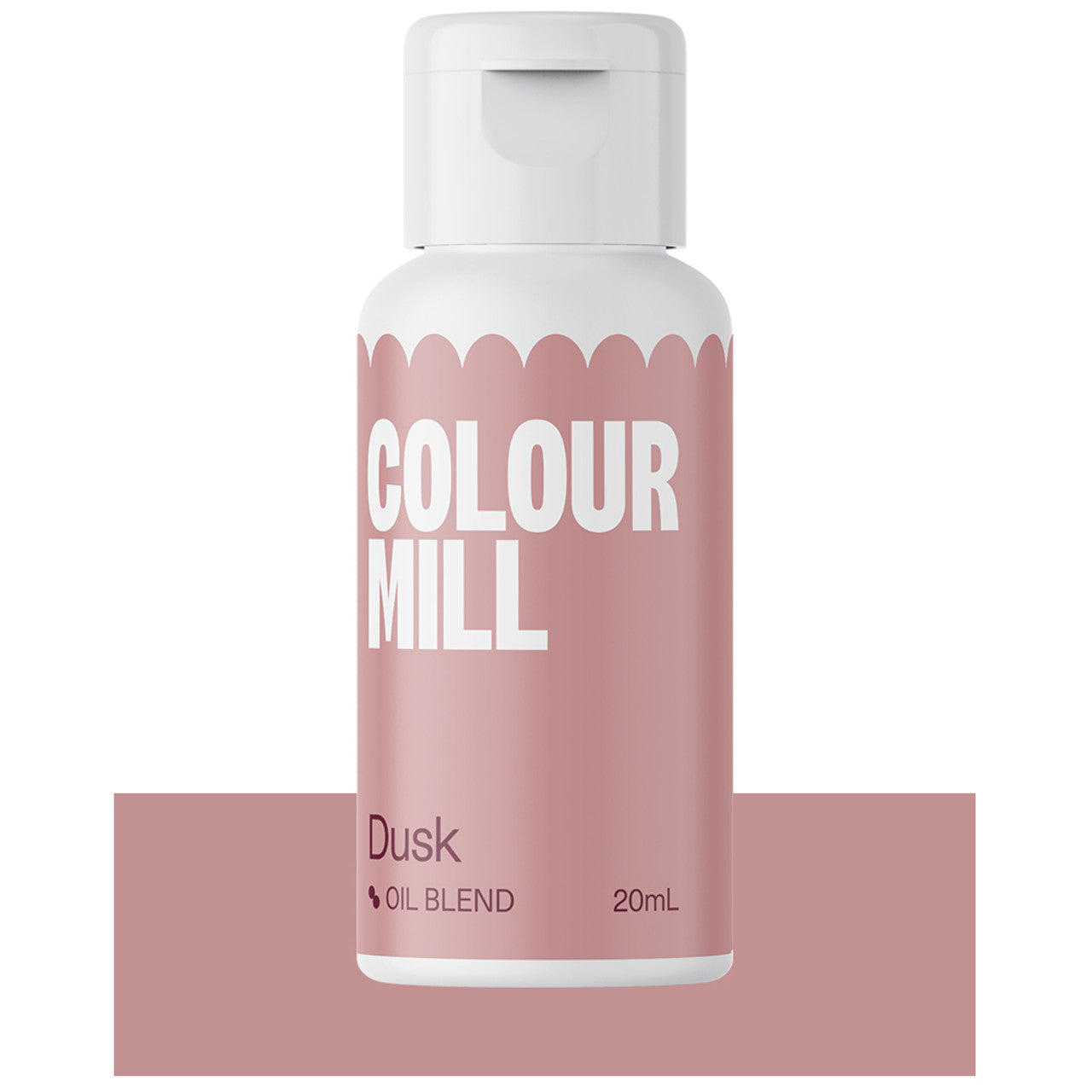 Bottle of Colour Mill Dusk oil blend food color, shown in a blush pink label.
