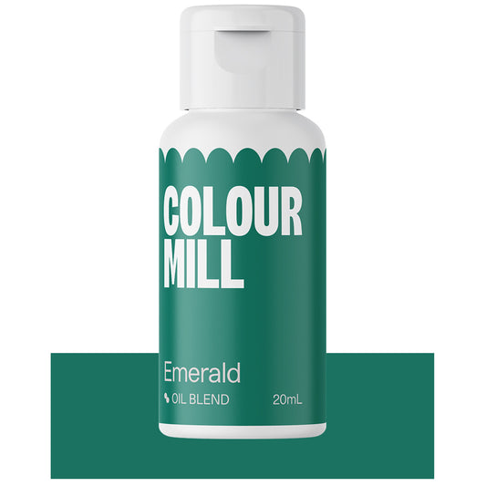 Bottle of Colour Mill Emerald oil blend food coloring with vibrant green label.