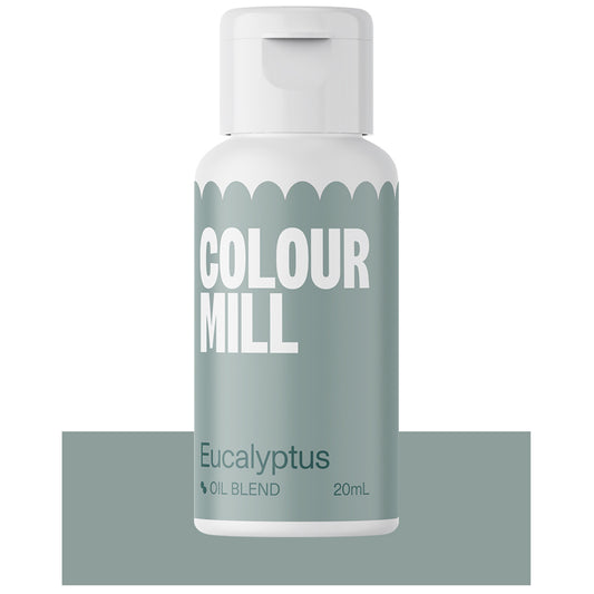 Bottle of Colour Mill Eucalyptus oil blend food coloring with pastel blue-green label.