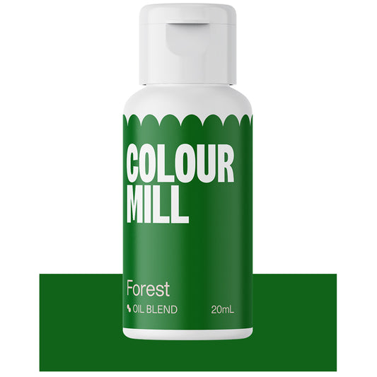 Bottle of Colour Mill Forest oil blend food coloring with dark green label.