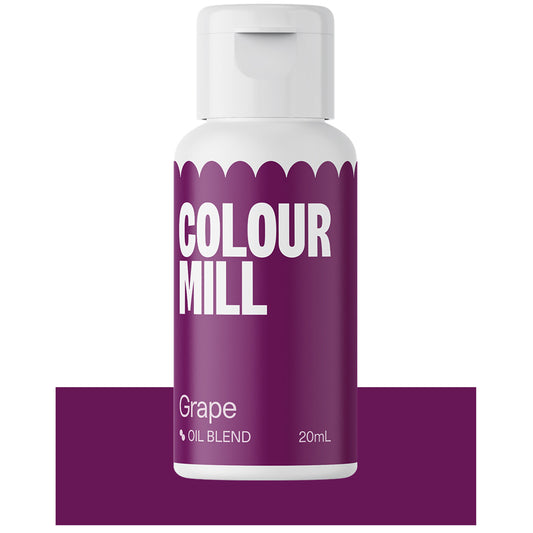 Bottle of Colour Mill Grape oil blend food coloring with a deep purple label.