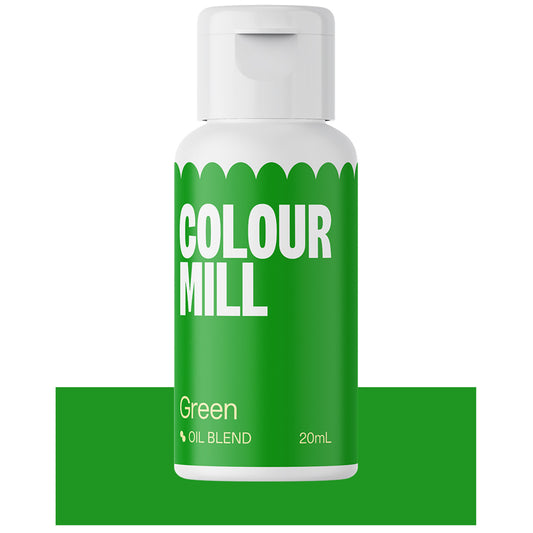 Bottle of Colour Mill Green oil blend food coloring with bright green label and white cap.