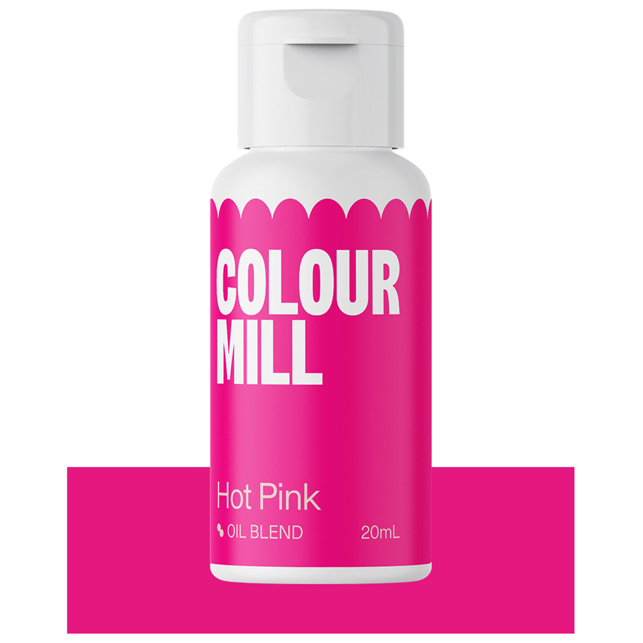 Bottle of Colour Mill Hot Pink oil blend food color with bright pink label and white cap.