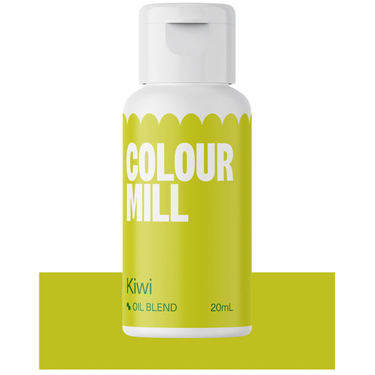Bottle of Colour Mill Kiwi oil blend food coloring with bright green label and white text.