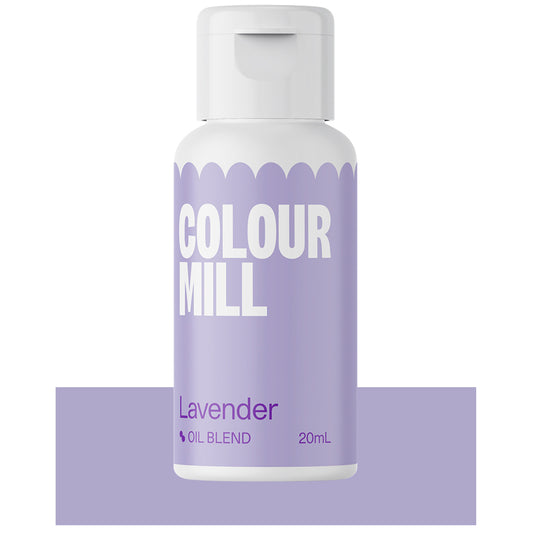 Bottle of Colour Mill Lavender oil blend food coloring with light purple label and white text.