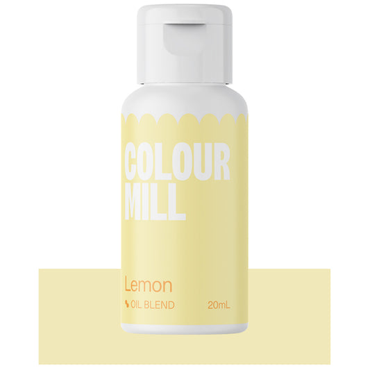 Bottle of Colour Mill Lemon oil blend food coloring with pale yellow label and white text.