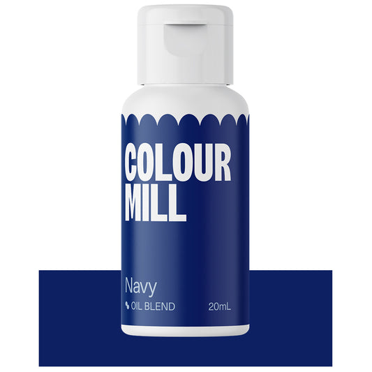 Bottle of Colour Mill Navy Oil Blend food coloring, 20mL size with dramatic navy blue label for cake decorating