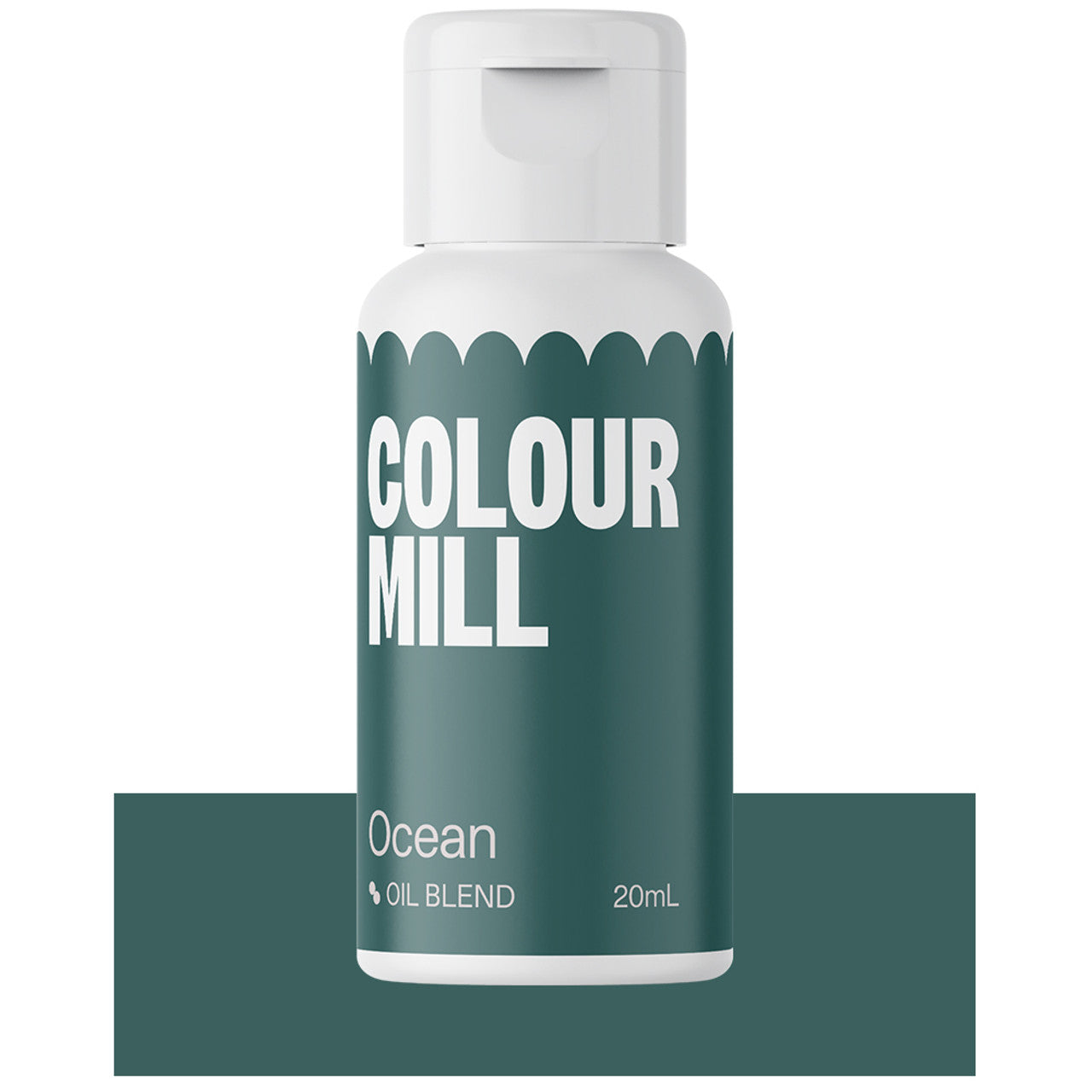 Bottle of Colour Mill Ocean Oil Blend food coloring, 20mL size with dark teal label for rich aquatic dessert designs