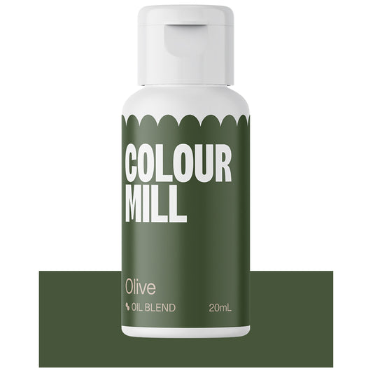 Bottle of Colour Mill Olive Oil Blend food coloring, 20mL size with olive green label for rich dessert decoration
