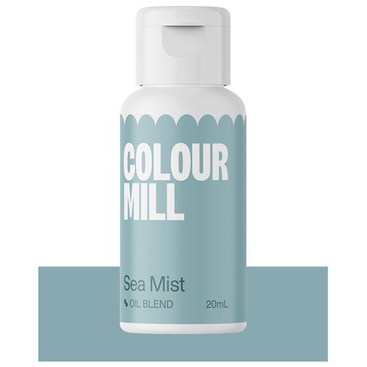 Bottle of Colour Mill Oil Blend in Sea Mist, a 20ml food coloring ideal for oil-based recipes like buttercream and ganache