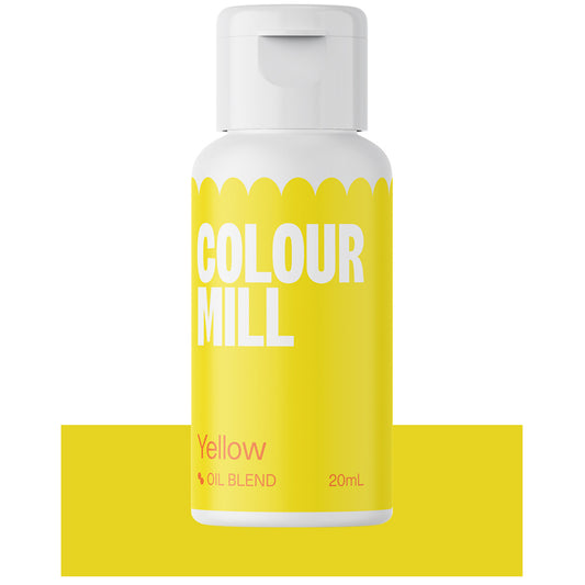Bottle of Colour Mill Yellow oil-based food coloring with bold white branding and 20mL size label