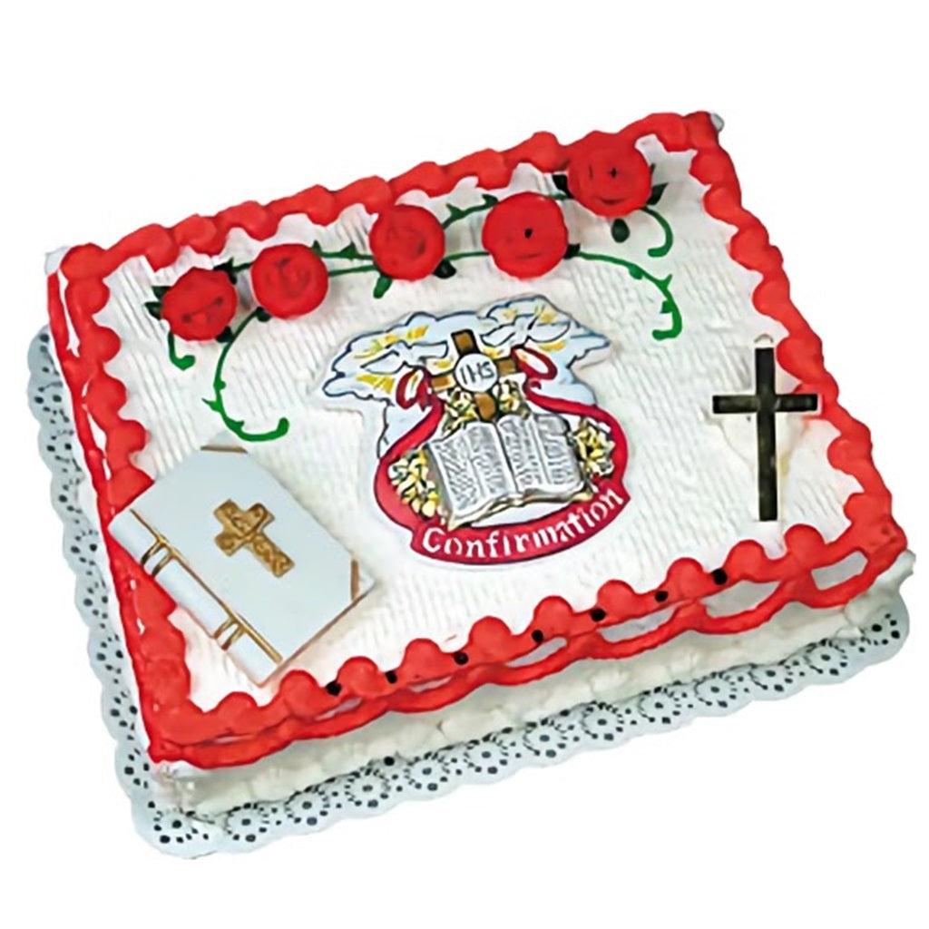 Confirmation cake decorated with Bible, cross, and confirmation emblem toppers, perfect for religious milestone celebrations.