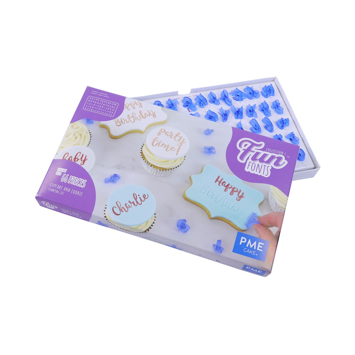 PME Fun Fonts cupcake and cookie stamping set with alphabet letters and symbols for decorating small baked goods