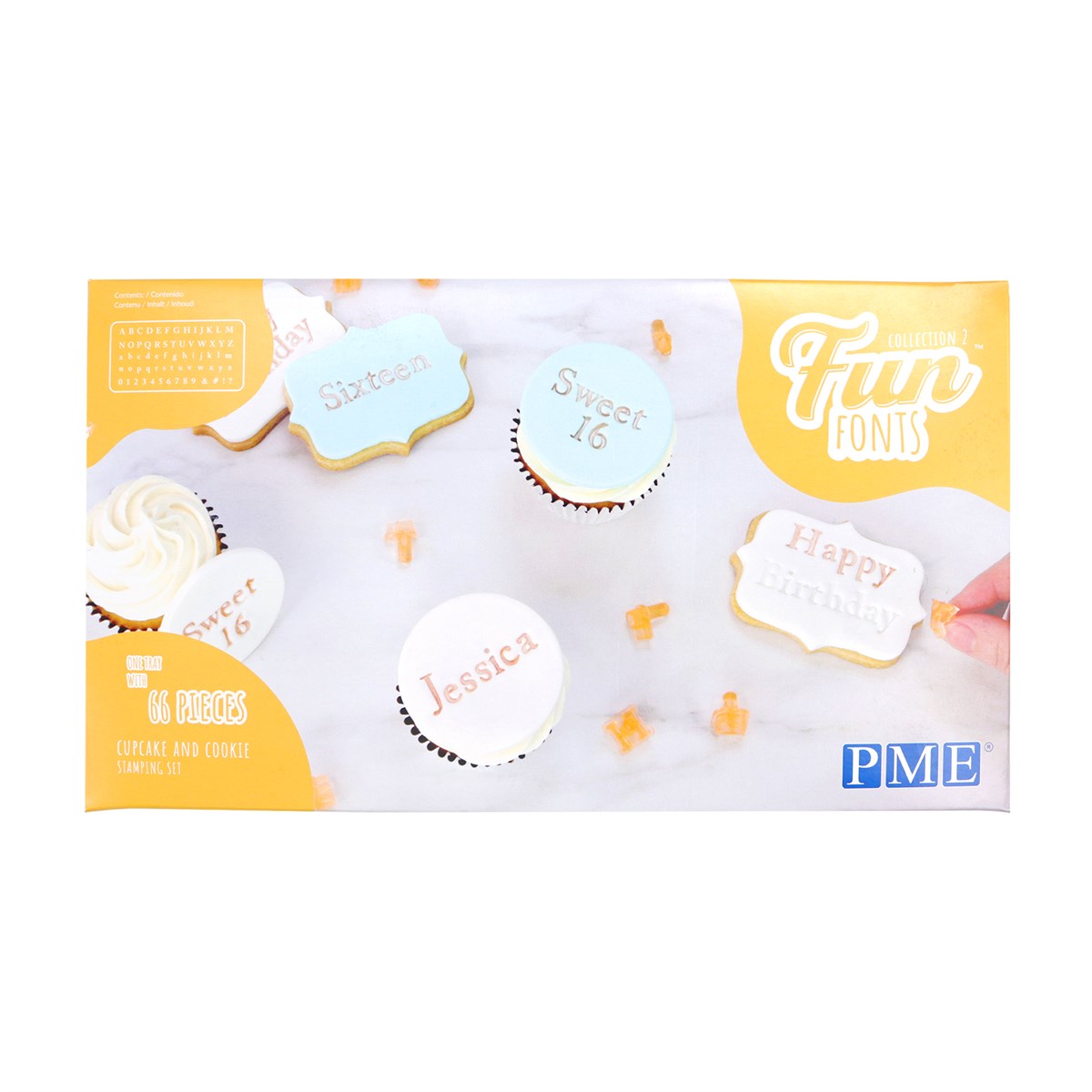 PME Fun Fonts Collection 2 stamping set for cupcakes and cookies with alphabet, numbers, and symbols.