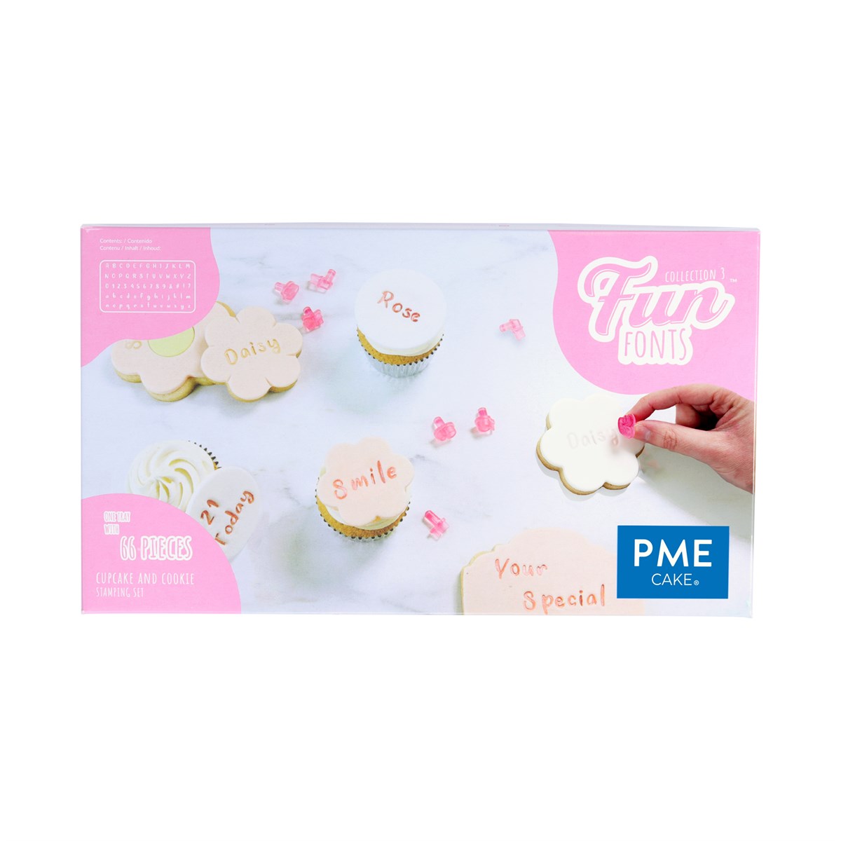 PME Fun Fonts Collection 3 stamping set in pink for cookies and cupcakes, includes letters and symbols.