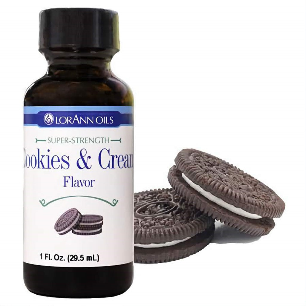 1 fl oz bottle of LorAnn Oils Super Strength Cookies & Cream Flavor, with two chocolate sandwich cookies, indicative of the popular creamy and crunchy dessert.