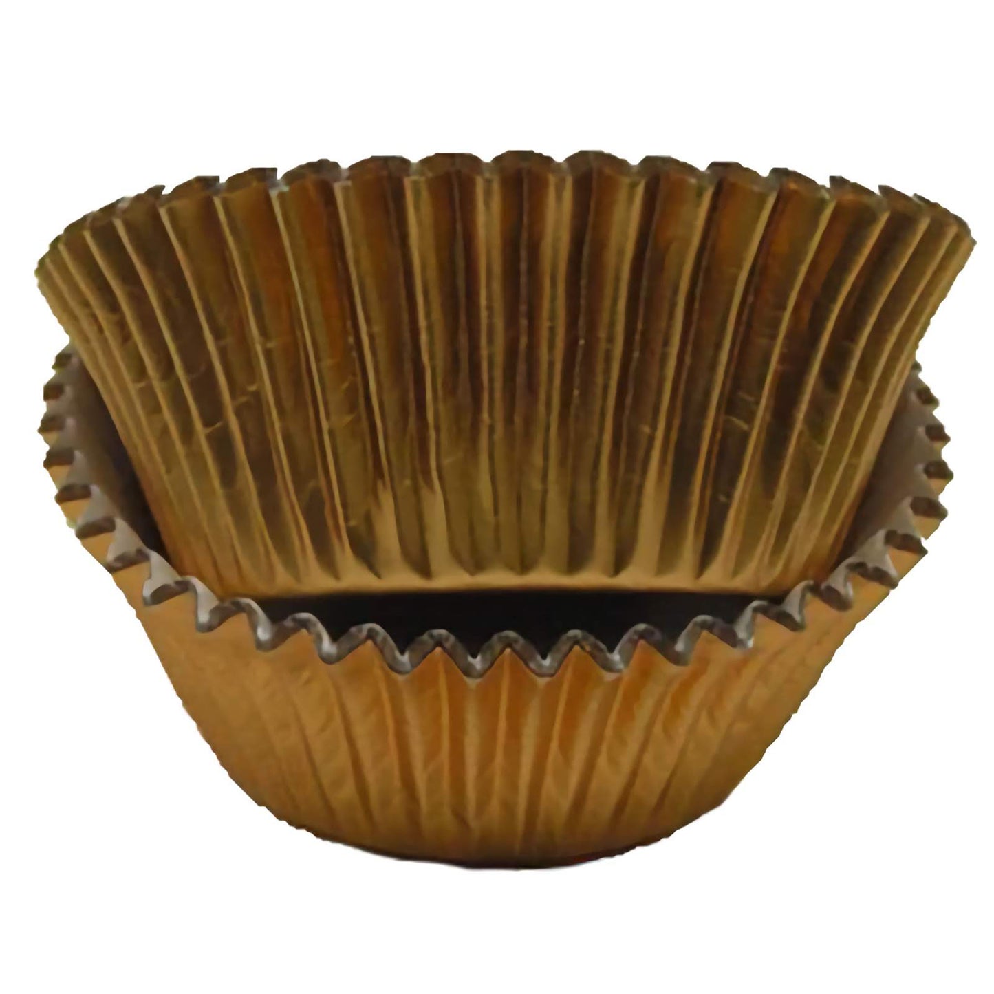 Standard-sized copper foil baking cups, stacked in a nesting arrangement. The cups have a shiny, reflective copper surface, offering a warm and stylish appearance for baked goods.