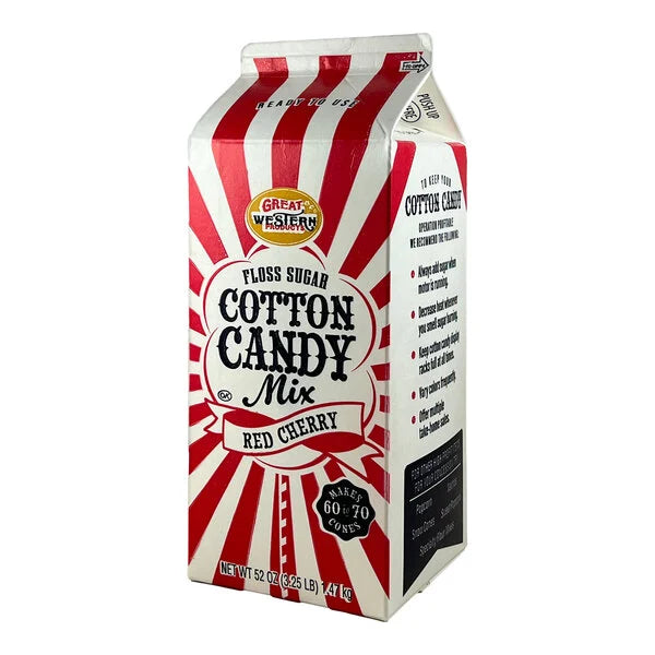 Carton of Great Western Red Cherry Cotton Candy Floss Sugar with red and white stripes, labeled ready to use and makes 60–70 cotton candy cones.