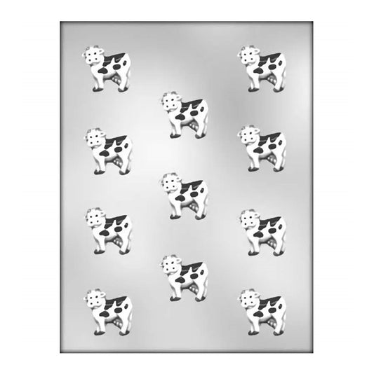 Chocolate mold sheet featuring twelve cow-shaped cavities. Each mold is designed to resemble a cartoon-style cow with distinct spots, a tuft of hair, and a smiling face. The mold's surface is glossy, highlighting the detailed texture of the cow's fur and features. Perfect for creating adorable cow-themed chocolates.