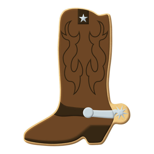 Decorated cowboy boot-shaped cookie with brown icing, featuring intricate boot patterns, a silver spur, and a star at the top, made using a cowboy boot cookie cutter.