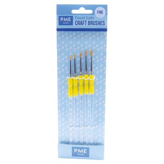 PME Food Safe Craft Brushes Fine Set, featuring 5 brushes with yellow grips and fine nylon bristles for detailed cake decorating.