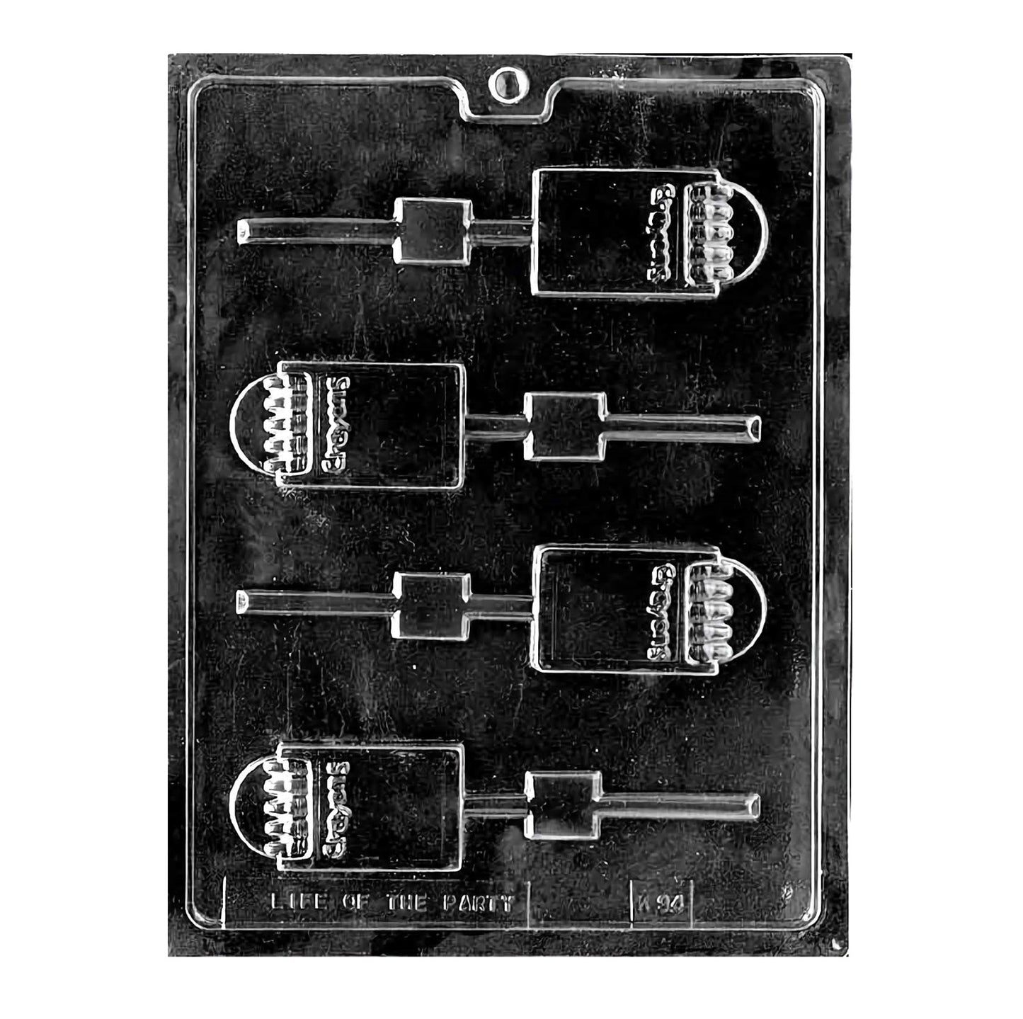 Plastic chocolate mold for creating crayon box-shaped suckers, featuring rectangular cavities with a crayon design, perfect for crafting playful candy treats.