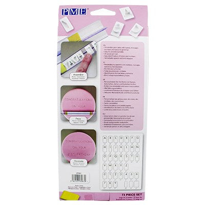 Back of PME Create N Press packaging displaying contents, usage instructions, and included alphabet layout.