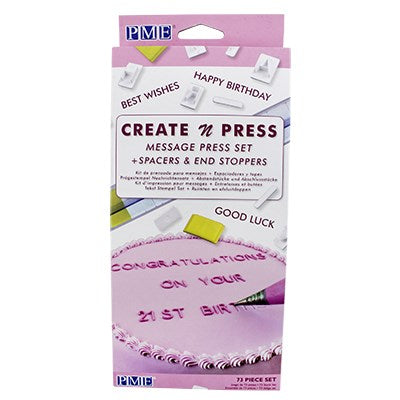 Front packaging of PME Create N Press Message Set, showing cake with pressed message and included tools.