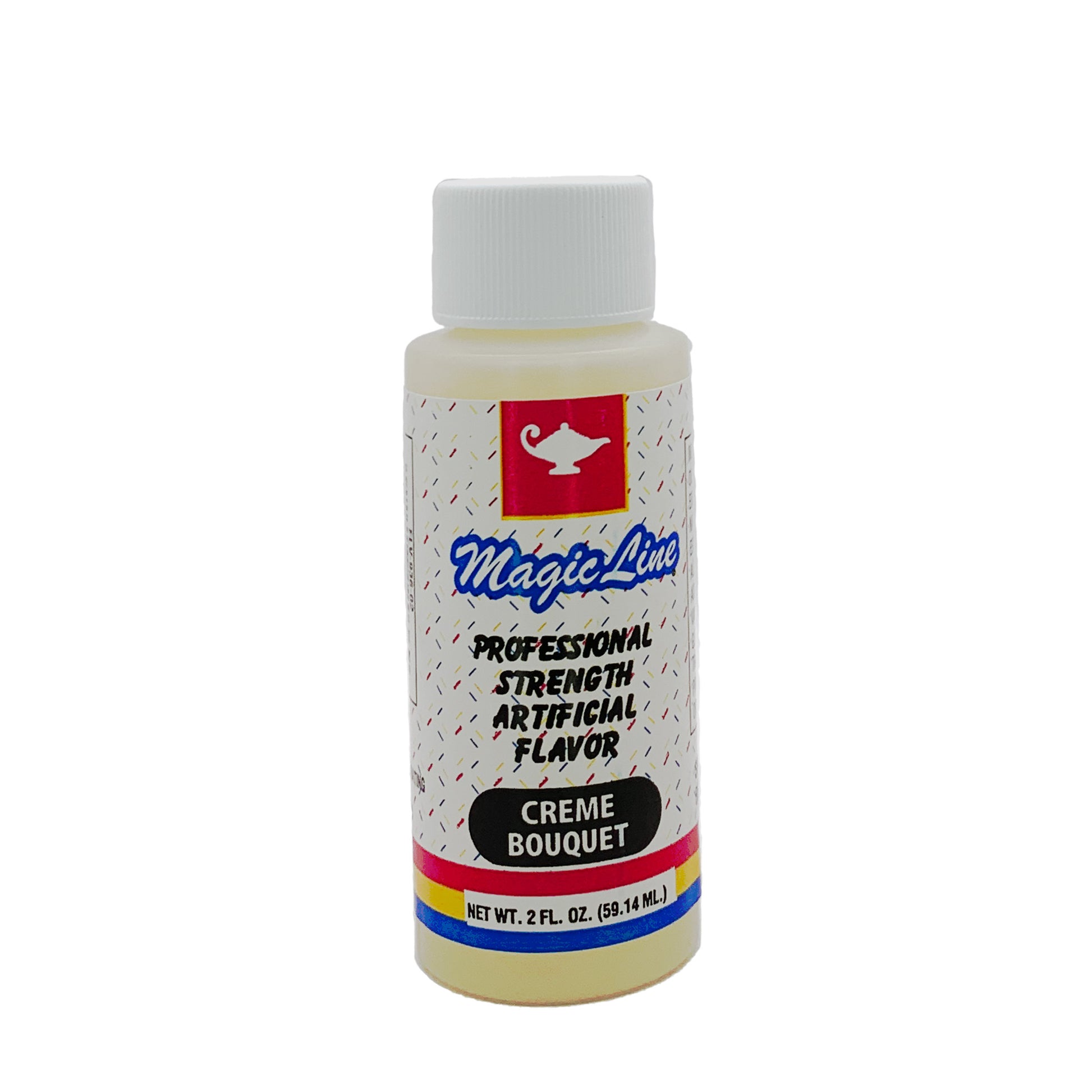 Magic Line Creme Bouquet artificial flavoring in a small 2 fl. oz bottle. The label is white with multicolored stripes at the bottom and features a red logo with a white teapot.