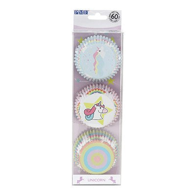 PME foil-lined unicorn cupcake cases set with 60 cases in 3 colorful designs featuring pastel patterns and unicorn illustrations.