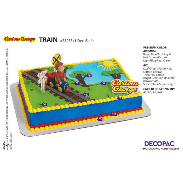 Product sheet showing Curious George Riding Train DecoSet on decorated sheet cake with design tips