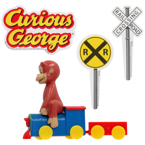 Side view of Curious George riding a blue and red train cake topper
