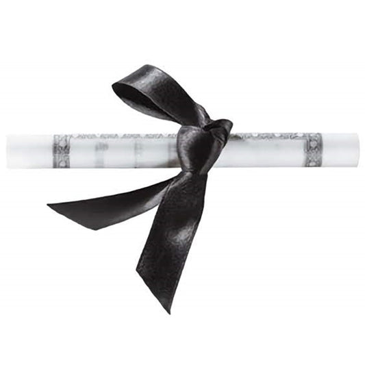 Rolled-up diploma with a sleek black ribbon tied around it, customizable for personal graduation cake decorations.