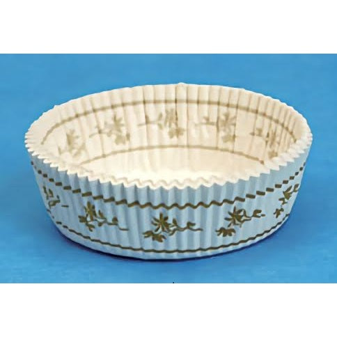 A glassine-coated Danish Pastry Cup with an elegant design, measuring approximately 3 3/8" in diameter and 1 1/4" tall, perfect for baking pastries and other small treats. Sold in a stack of approximately 20-25 cups per package.