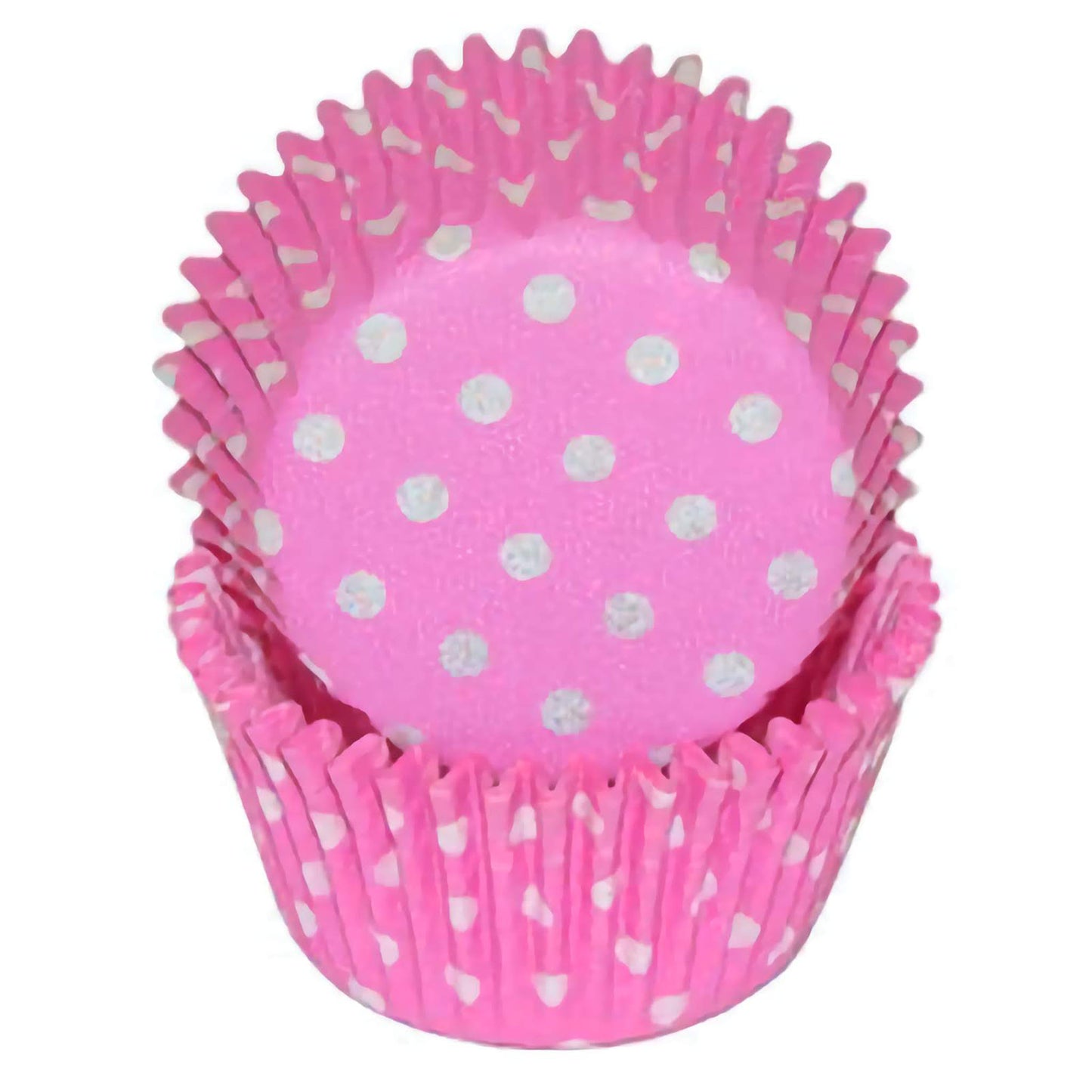 Pink cupcake baking cup with white polka dots, displayed in a nested stack.