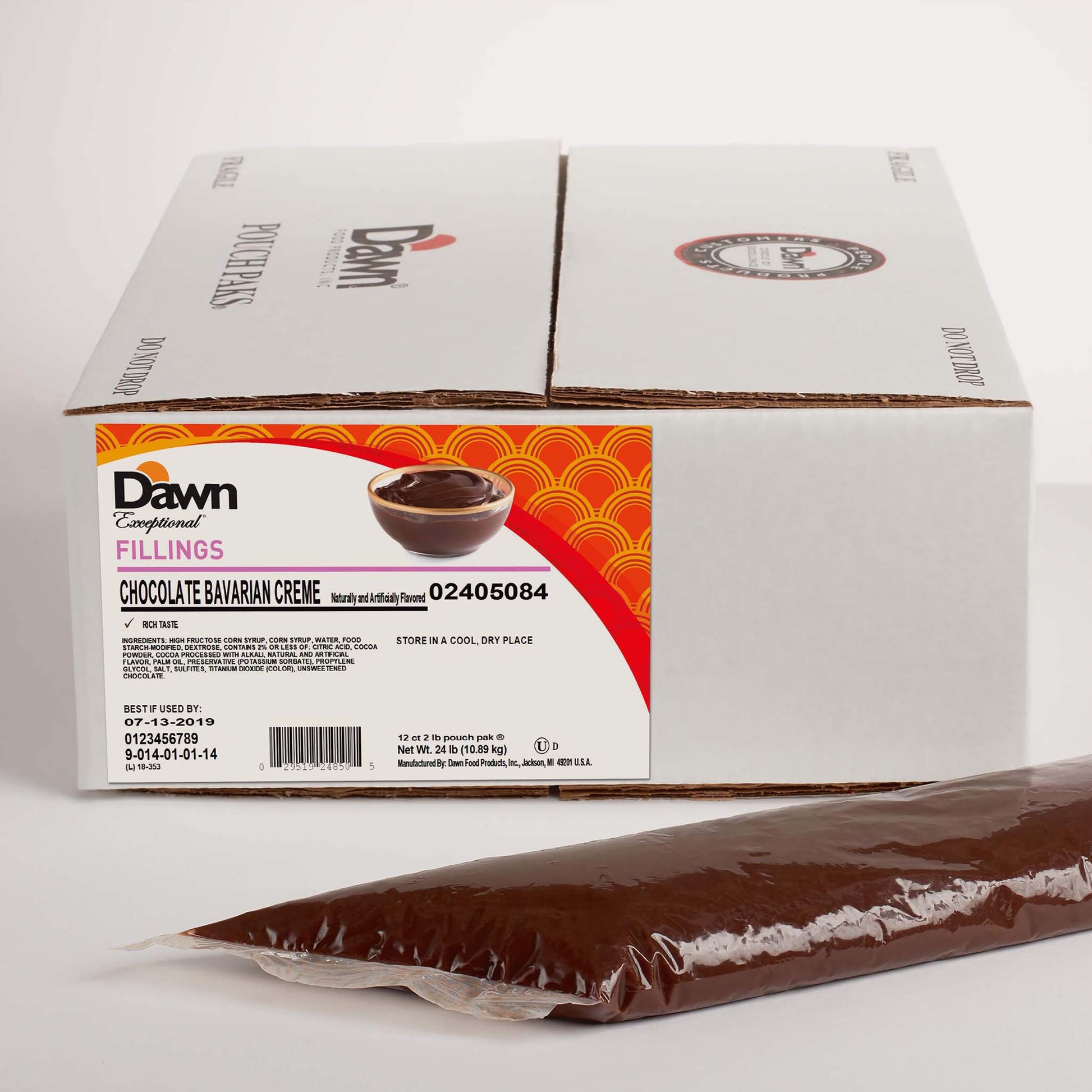 Indulgent chocolate Bavarian filling in a large bag, with a luxuriously smooth chocolate flavor and mousse-like consistency, ideal for adding a touch of elegance to chocolate eclairs or as a sumptuous cake layer.