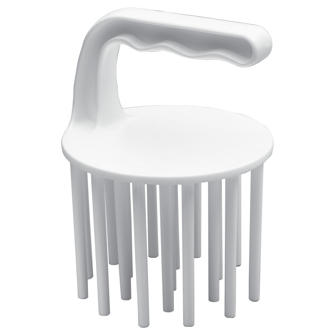 White DecoDrizzler® cake and candy decorating tool with a round top, ergonomic curved handle, and multiple long vertical prongs for creating consistent drizzle patterns.