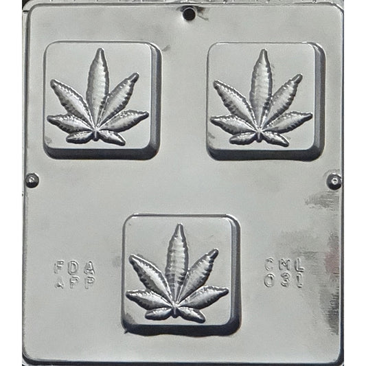 Deep Marijuana Leaf Chocolate Bar Mold with 3 rectangular cavities, each featuring a detailed marijuana leaf design, on an 8 x 9 inch mold tray.
