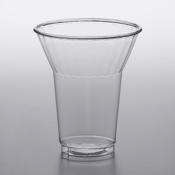 Empty 12 oz. PET plastic dessert cup with flared top and clear finish, ideal for layered parfaits or frozen treats.