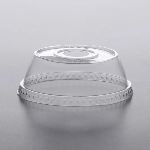 Clear dome PET plastic lid with 1 inch straw hole, compatible with 9 oz., 12 oz., and 15 oz. dessert and drink cups.