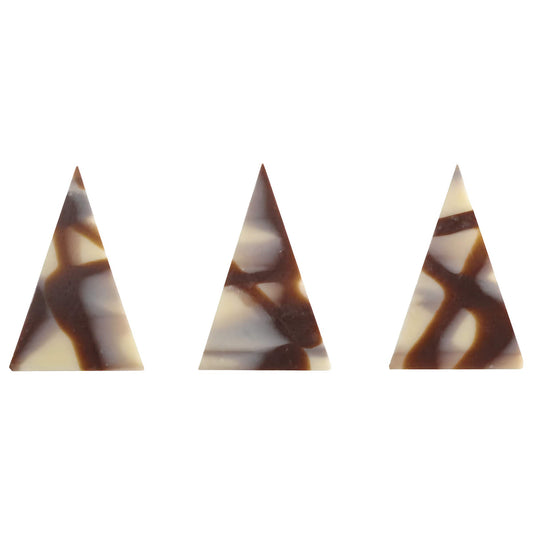 A trio of Diablo Triangle Chocolate Decorations featuring marbled patterns of dark and white chocolate, perfect for adding a stylish geometric element to desserts.