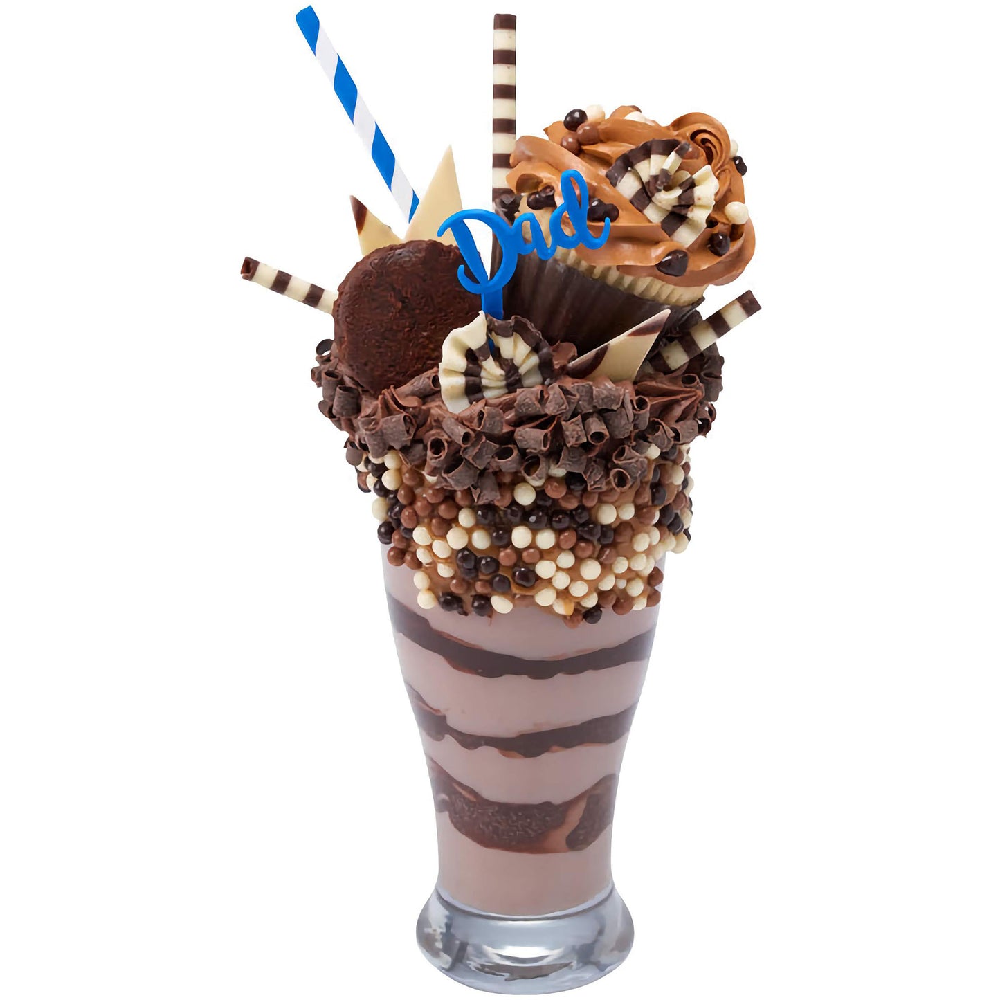 An extravagant Father's Day themed dessert sundae, layered with chocolate and topped with an array of Diablo Triangle Chocolate Decorations and other chocolate elements, marked with a 'Dad' sign.