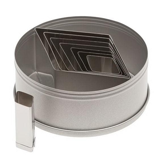 Set of 8 stainless steel diamond-shaped cutters from Ateco, neatly nested inside a round tin with one cutter displayed separately.